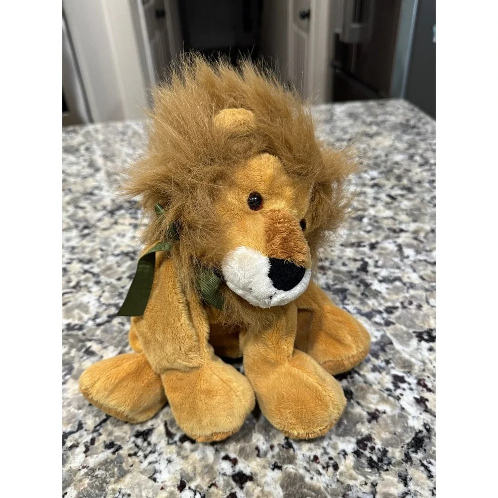 Mary Meyer Lion Plush Stuffed Animal Gold Tan Brown Mane Green Ribbon 11x11